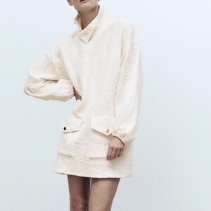 Zara off white quilted long sleeve high neck short dress NWT